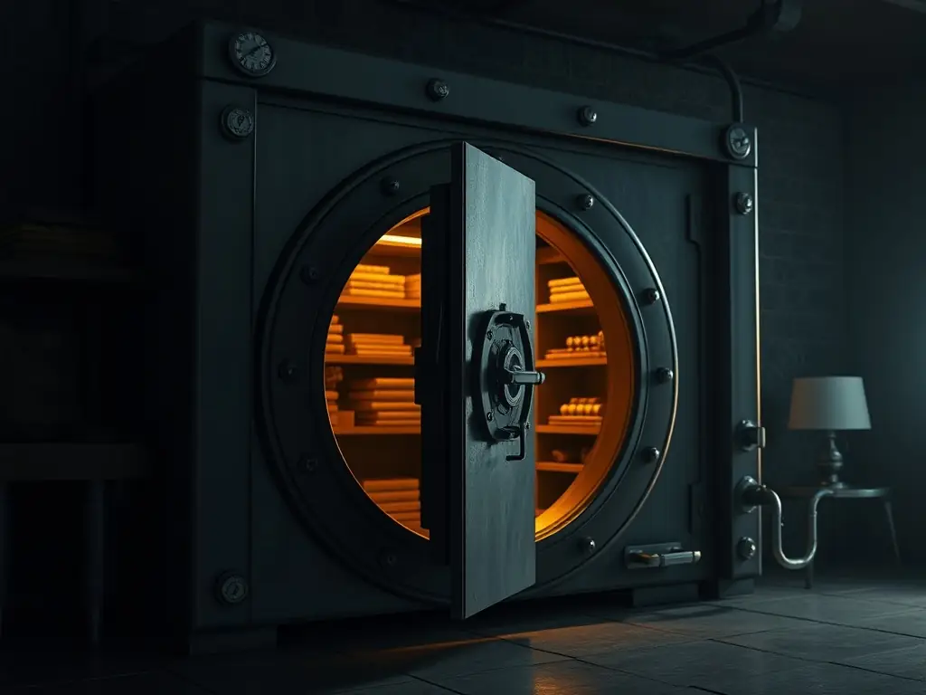 A close-up shot of a high-security vault door with multiple locking mechanisms, symbolizing the advanced security measures employed by ARHIVACLAAS to protect archived documents and assets.