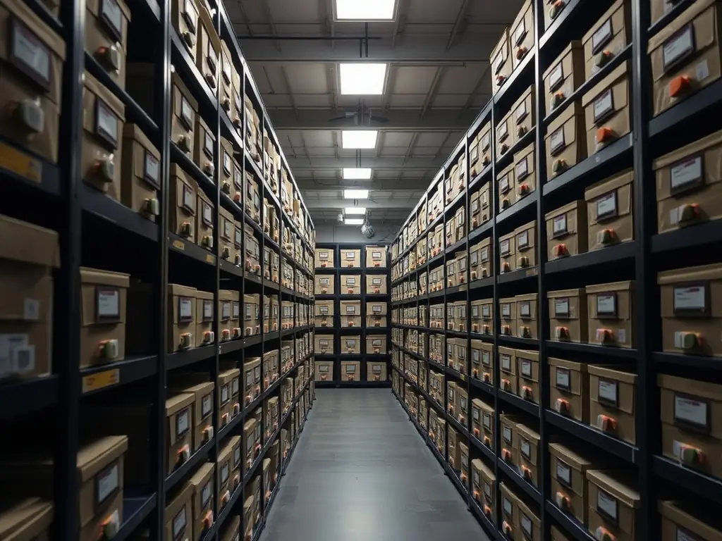 An image showcasing the organized and secure document storage area within ARHIVACLAAS, featuring rows of neatly arranged boxes and advanced security systems.