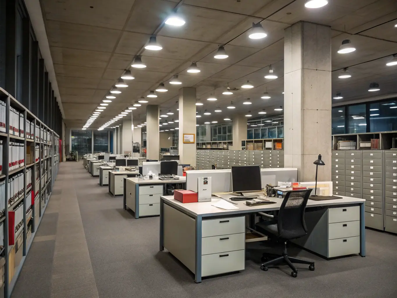 A wide-angle shot of a meticulously organized archive room, filled with shelves of labeled boxes, showcasing the scale and order of ARHIVACLAAS's document archiving service.